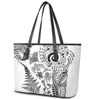 New Zealand Sea Animals Leather Tote Bag with Maori Koru Tribal Tattoo and Silver Ferns White Color
