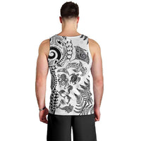 New Zealand Sea Animals Men Tank Top with Maori Koru Tribal Tattoo and Silver Ferns White Color
