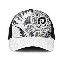 New Zealand Sea Animals Mesh Trucker Cap with Maori Koru Tribal Tattoo and Silver Ferns White Color LT03 One Size Black White - Polynesian Pride