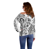 New Zealand Sea Animals Off Shoulder Sweater with Maori Koru Tribal Tattoo and Silver Ferns White Color