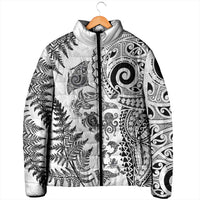 New Zealand Sea Animals Padded Jacket with Maori Koru Tribal Tattoo and Silver Ferns White Color