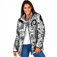 New Zealand Sea Animals Padded Jacket with Maori Koru Tribal Tattoo and Silver Ferns White Color
