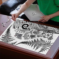 New Zealand Sea Animals Puzzle with Maori Koru Tribal Tattoo and Silver Ferns White Color