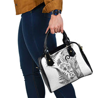 New Zealand Sea Animals Shoulder Handbag with Maori Koru Tribal Tattoo and Silver Ferns White Color