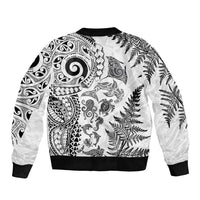 New Zealand Sea Animals Sleeve Zip Bomber Jacket with Maori Koru Tribal Tattoo and Silver Ferns White Color