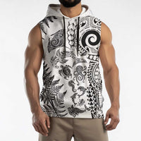 New Zealand Sea Animals Sleeveless Hoodie with Maori Koru Tribal Tattoo and Silver Ferns White Color LT03 - Polynesian Pride