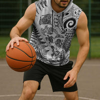 New Zealand Sea Animals Sleeveless Hoodie with Maori Koru Tribal Tattoo and Silver Ferns White Color LT03 - Polynesian Pride
