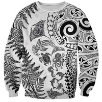 New Zealand Sea Animals Sweatshirt with Maori Koru Tribal Tattoo and Silver Ferns White Color