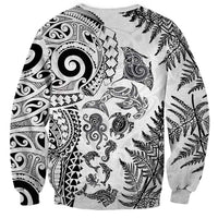 New Zealand Sea Animals Sweatshirt with Maori Koru Tribal Tattoo and Silver Ferns White Color