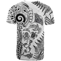 New Zealand Sea Animals T Shirt with Maori Koru Tribal Tattoo and Silver Ferns White Color