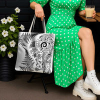New Zealand Sea Animals Tote Bag with Maori Koru Tribal Tattoo and Silver Ferns White Color
