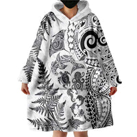 New Zealand Sea Animals Wearable Blanket Hoodie with Maori Koru Tribal Tattoo and Silver Ferns White Color