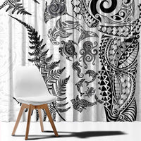 New Zealand Sea Animals Window Curtain with Maori Koru Tribal Tattoo and Silver Ferns White Color