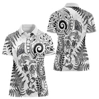 New Zealand Sea Animals Women Polo Shirt with Maori Koru Tribal Tattoo and Silver Ferns White Color