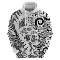 New Zealand Sea Animals Zip Hoodie with Maori Koru Tribal Tattoo and Silver Ferns White Color