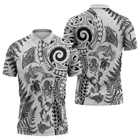 New Zealand Sea Animals Zipper Polo Shirt with Maori Koru Tribal Tattoo and Silver Ferns White Color