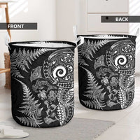 New Zealand Sea Animals Laundry Basket with Maori Koru Tribal Tattoo and Silver Ferns Black Color