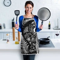 New Zealand Sea Animals Apron with Maori Koru Tribal Tattoo and Silver Ferns Black Color