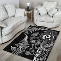 New Zealand Sea Animals Area Rug with Maori Koru Tribal Tattoo and Silver Ferns Black Color