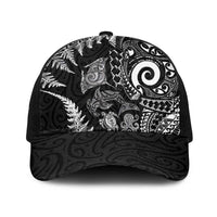 New Zealand Sea Animals Baseball Net Cap with Maori Koru Tribal Tattoo and Silver Ferns Black Color