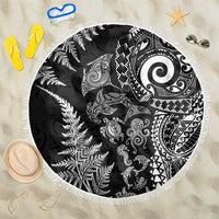 New Zealand Sea Animals Beach Blanket with Maori Koru Tribal Tattoo and Silver Ferns Black Color