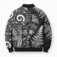 New Zealand Sea Animals Bomber Puffer Jacket with Maori Koru Tribal Tattoo and Silver Ferns Black Color