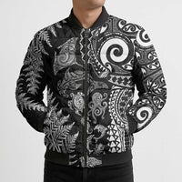 New Zealand Sea Animals Bomber Puffer Jacket with Maori Koru Tribal Tattoo and Silver Ferns Black Color