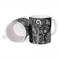 New Zealand Sea Animals Ceramic Mug with Maori Koru Tribal Tattoo and Silver Ferns Black Color