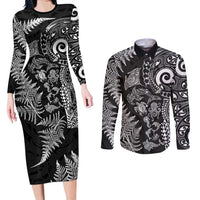 New Zealand Sea Animals Couples Matching Long Sleeve Bodycon Dress and Long Sleeve Button Shirt with Maori Koru Tribal Tattoo and Silver Ferns Black Color