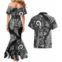 New Zealand Sea Animals Couples Matching Mermaid Dress and Hawaiian Shirt with Maori Koru Tribal Tattoo and Silver Ferns Black Color LT03 - Polynesian Pride