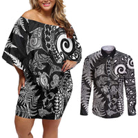 New Zealand Sea Animals Couples Matching Off Shoulder Short Dress and Long Sleeve Button Shirt with Maori Koru Tribal Tattoo and Silver Ferns Black Color