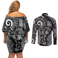 New Zealand Sea Animals Couples Matching Off Shoulder Short Dress and Long Sleeve Button Shirt with Maori Koru Tribal Tattoo and Silver Ferns Black Color