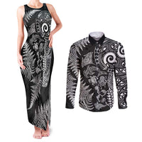 New Zealand Sea Animals Couples Matching Tank Maxi Dress and Long Sleeve Button Shirt with Maori Koru Tribal Tattoo and Silver Ferns Black Color