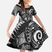 New Zealand Sea Animals Family Matching Long Sleeve Bodycon Dress and Hawaiian Shirt with Maori Koru Tribal Tattoo and Silver Ferns Black Color