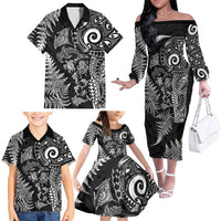 New Zealand Sea Animals Family Matching Off The Shoulder Long Sleeve Dress and Hawaiian Shirt with Maori Koru Tribal Tattoo and Silver Ferns Black Color