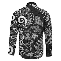 New Zealand Sea Animals Family Matching Off Shoulder Short Dress and Hawaiian Shirt with Maori Koru Tribal Tattoo and Silver Ferns Black Color
