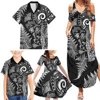 New Zealand Sea Animals Family Matching Summer Maxi Dress and Hawaiian Shirt with Maori Koru Tribal Tattoo and Silver Ferns Black Color
