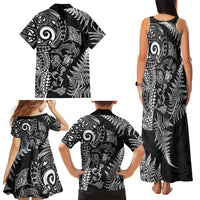 New Zealand Sea Animals Family Matching Tank Maxi Dress and Hawaiian Shirt with Maori Koru Tribal Tattoo and Silver Ferns Black Color