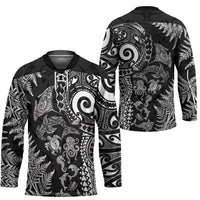 New Zealand Sea Animals Hockey Jersey with Maori Koru Tribal Tattoo and Silver Ferns Black Color