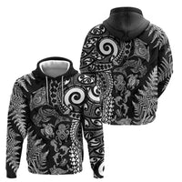 New Zealand Sea Animals Hoodie with Maori Koru Tribal Tattoo and Silver Ferns Black Color