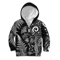 New Zealand Sea Animals Kid Hoodie with Maori Koru Tribal Tattoo and Silver Ferns Black Color