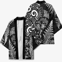 New Zealand Sea Animals Kimono with Maori Koru Tribal Tattoo and Silver Ferns Black Color LT03 - Polynesian Pride