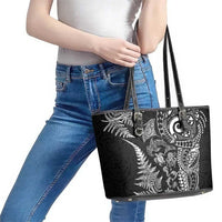 New Zealand Sea Animals Leather Tote Bag with Maori Koru Tribal Tattoo and Silver Ferns Black Color