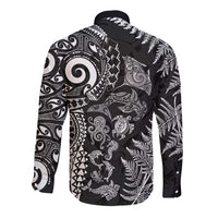 New Zealand Sea Animals Long Sleeve Button Shirt with Maori Koru Tribal Tattoo and Silver Ferns Black Color