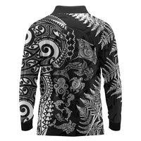 New Zealand Sea Animals Long Sleeve Polo Shirt with Maori Koru Tribal Tattoo and Silver Ferns Black Color