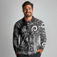 New Zealand Sea Animals Long Sleeve Polo Shirt with Maori Koru Tribal Tattoo and Silver Ferns Black Color