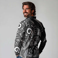 New Zealand Sea Animals Long Sleeve Polo Shirt with Maori Koru Tribal Tattoo and Silver Ferns Black Color