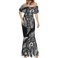 New Zealand Sea Animals Mermaid Dress with Maori Koru Tribal Tattoo and Silver Ferns Black Color