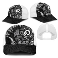 New Zealand Sea Animals Mesh Trucker Cap with Maori Koru Tribal Tattoo and Silver Ferns Black Color