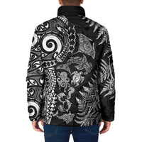 New Zealand Sea Animals Padded Jacket with Maori Koru Tribal Tattoo and Silver Ferns Black Color